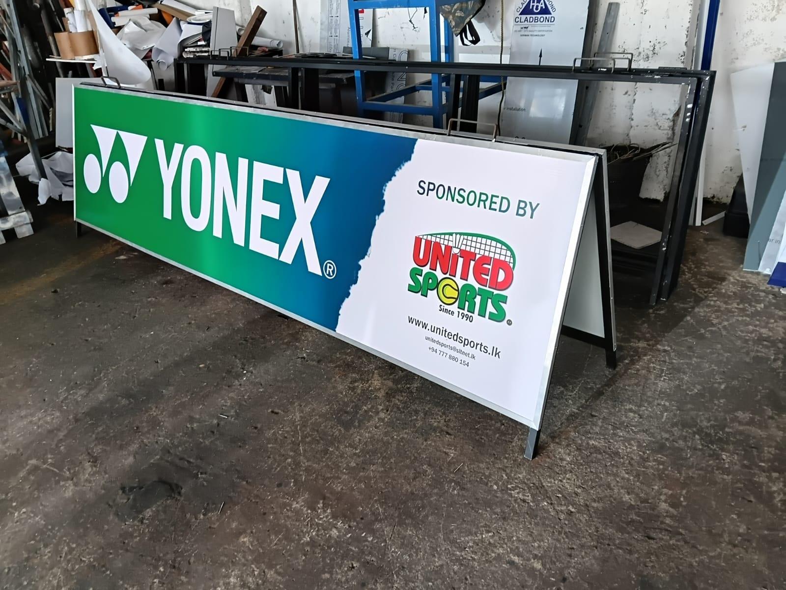 A finished Yonex × United Sports A-frame board in the workshop