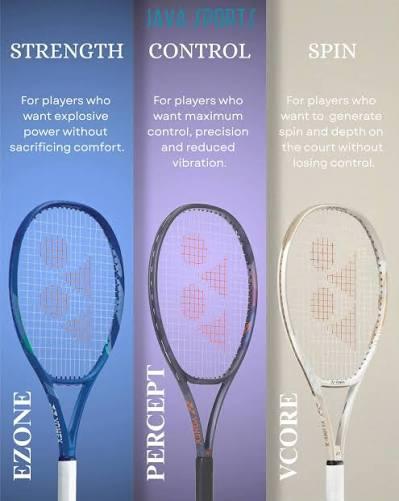 An EZONE racket in blue beside a PERCEPT racket in olive green